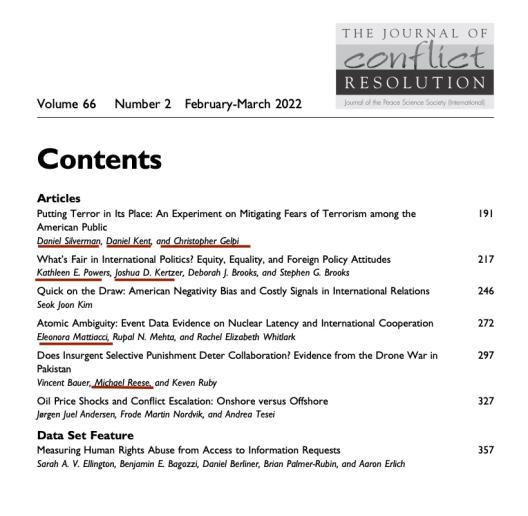 Screenshot of Table of Contents for Journal of Conflict Resolution