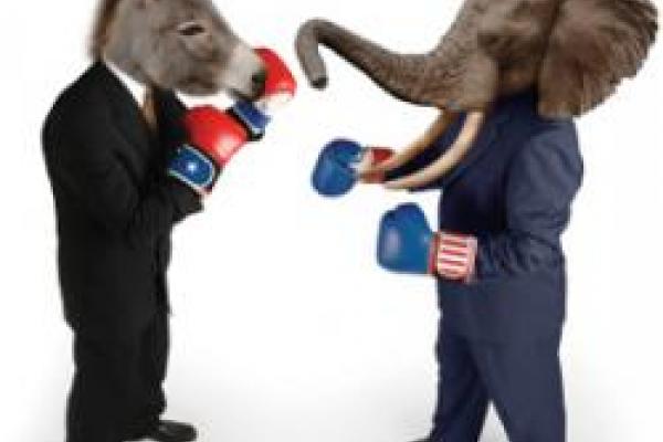 Donkey & Elephant, Democrat & Republican mascots, boxing.