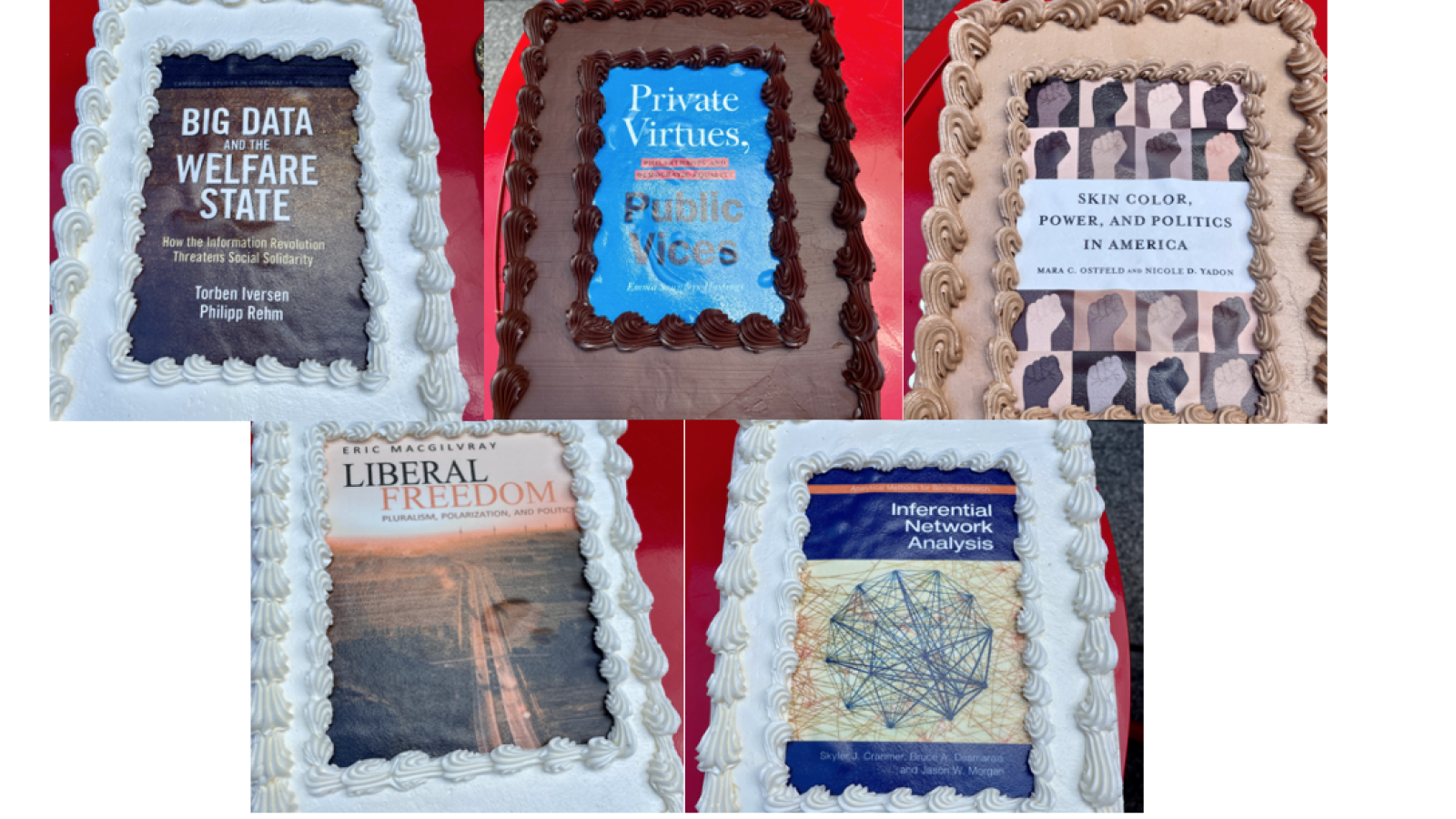 5 chocolate and white cakes with screen printed images of book covers