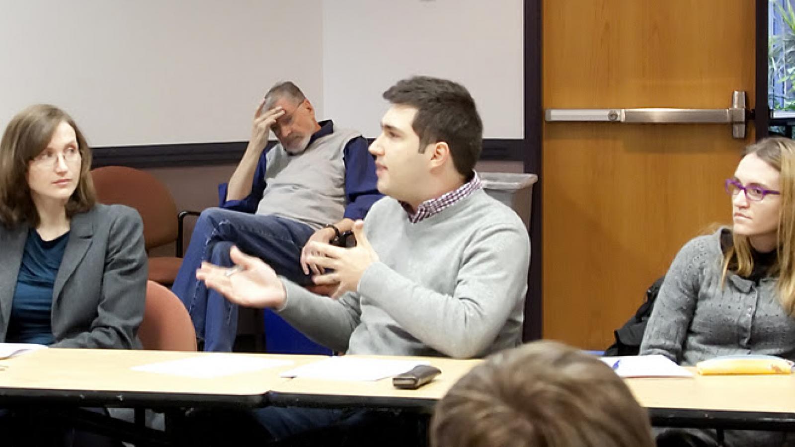 Graduate Students Raphael Cunha and Marzia Oceno participate in a roundtable discussion at the Mershon Center for International Security Studies